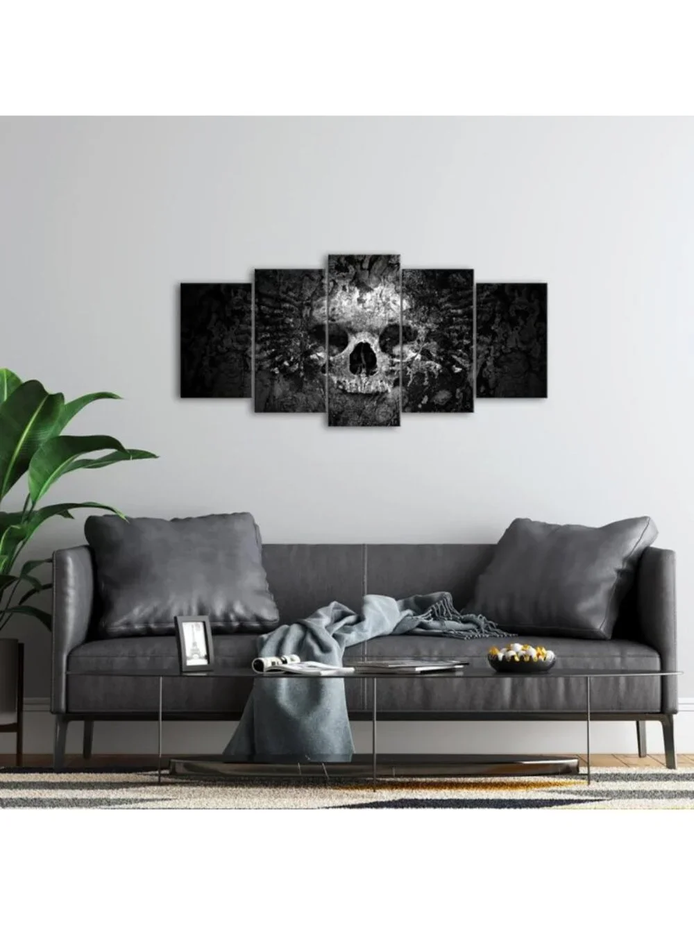 5-Piece Black & White Skull Canvas Art Set - Abstract Halloween Wall Decor